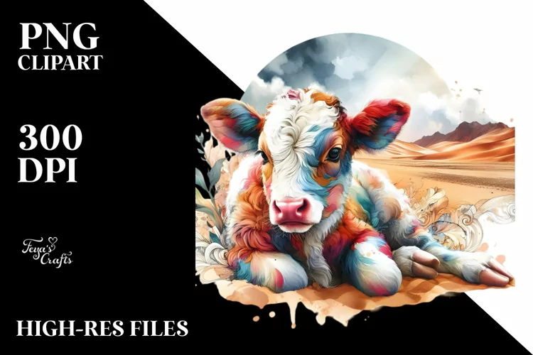 Colorful Baby Cow in Desert Scene PNG