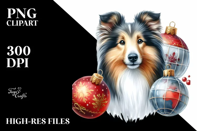 Cute Collie with Christmas Globes PNG