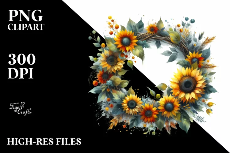 Vibrant Abstract Whreath with Sunflower | Sublimation |
