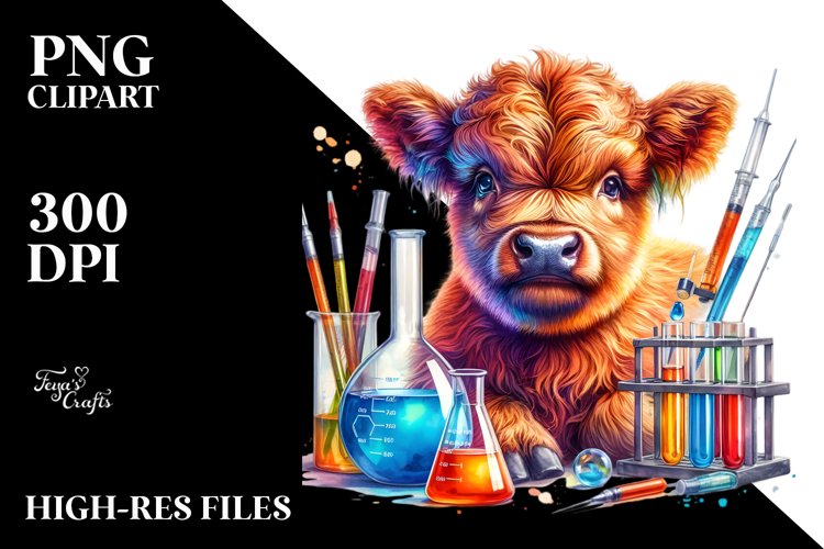 Colorful Baby Highland Cow with Beaker and Test Tubes example image 1