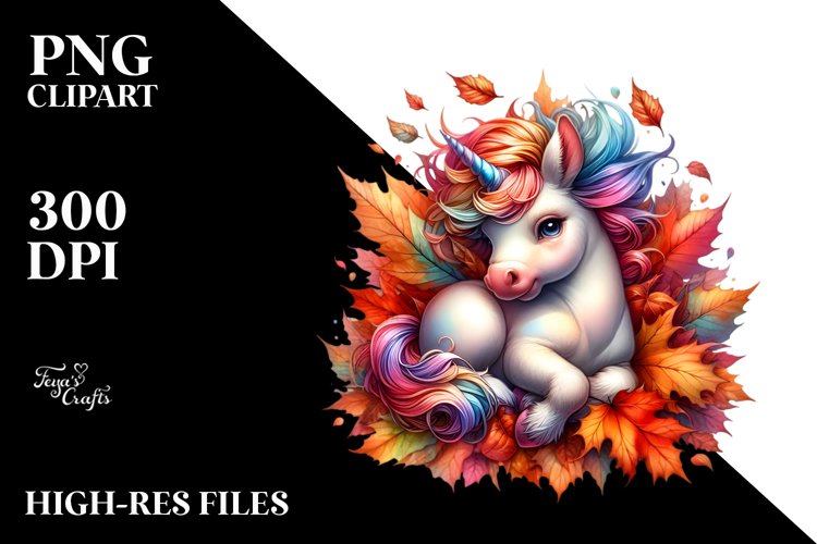 Colorful Baby Unicorn with Pile of Autumn Leaves