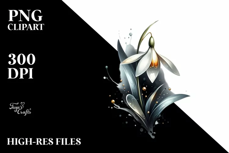 Abstract Glossy Snowdrop with Golden Accents | Watercolor