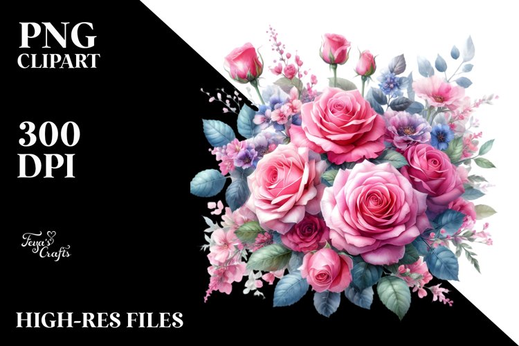 Vibrant Watercolor with Pink Roses | Clipart