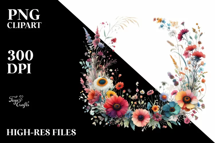 Watercolor Wild Colorful Flowers Horizontal Frame |