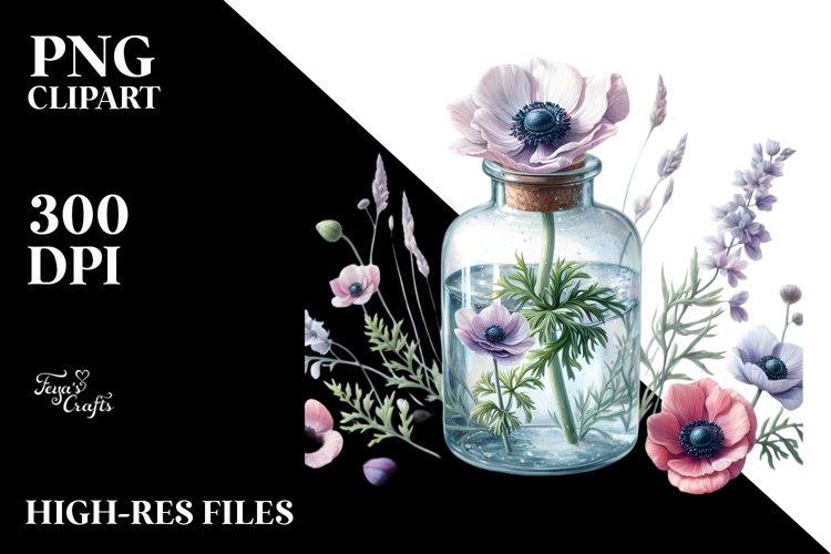 Watercolor Bottle with Large Anemone | Clipart