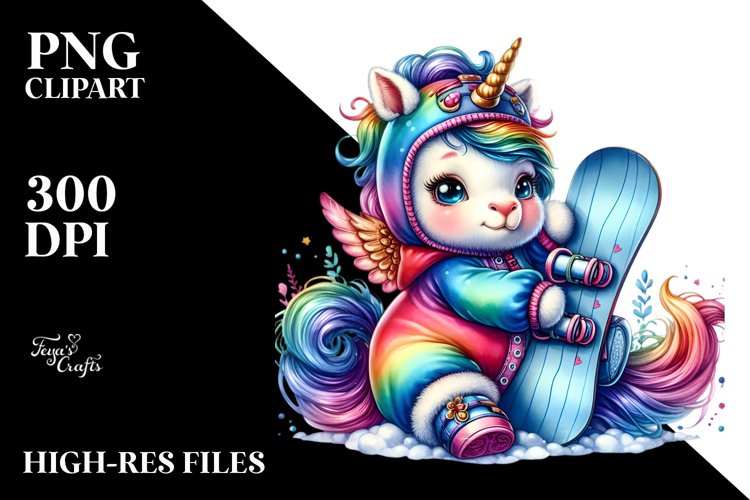 Colorful Unicorn with Snowboard PNG