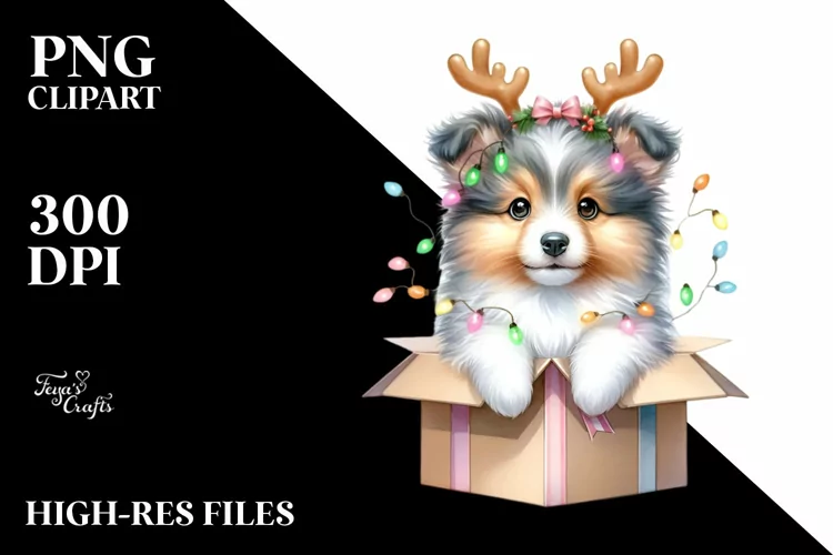 Baby Shetland Sheepdog with Reindeer Horns PNG