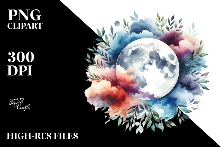 Vibrant Abstract Moon Foliage Clouds Clipart