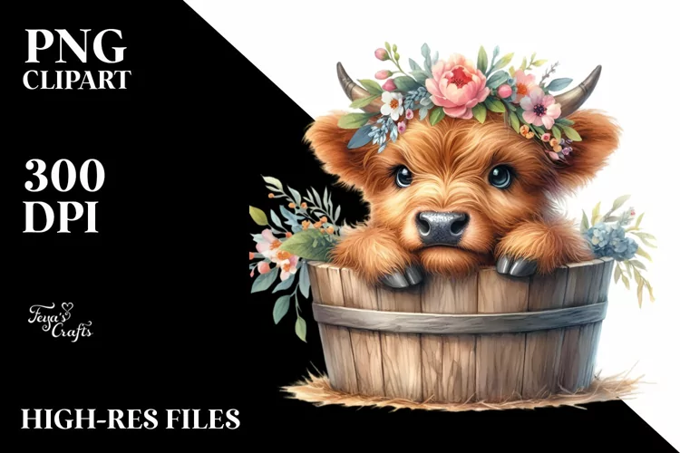 Cute Baby Highland Cow in Wood Bucket PNG