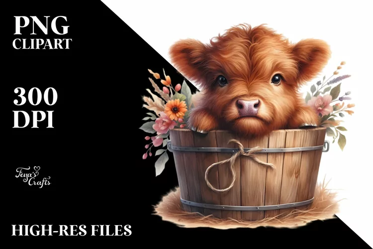 Cute Baby Highland Cow in Wood Bucket PNG