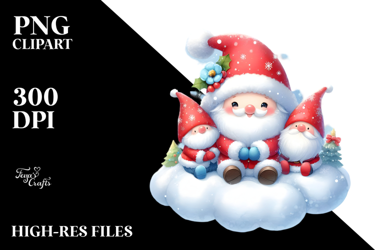 Santa with Gnomes on Cloud, High-Res Digital Painting