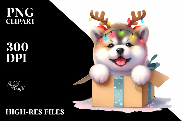 Baby Akita with Reindeer Horns PNG