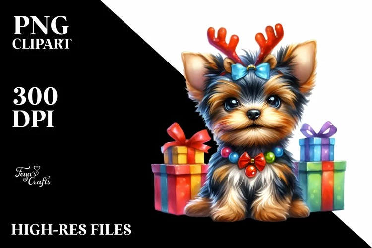 Baby Yorkshire Terrier with Reindeer Horns PNG