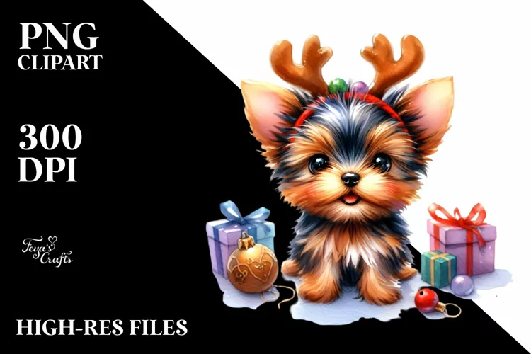Baby Yorkshire Terrier with Reindeer Horns PNG