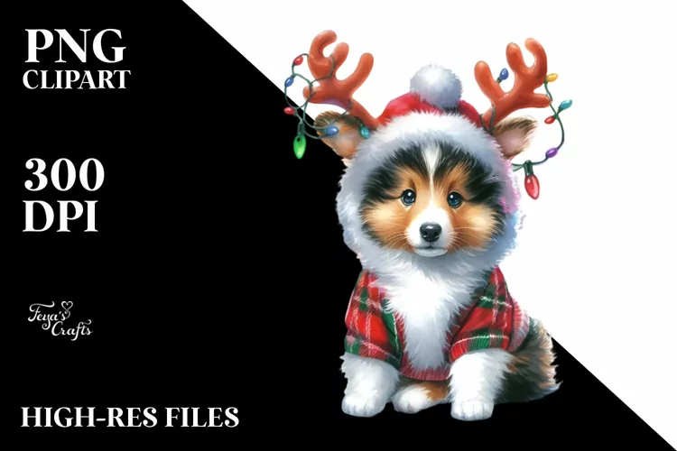 Baby Collie with Reindeer Horns PNG