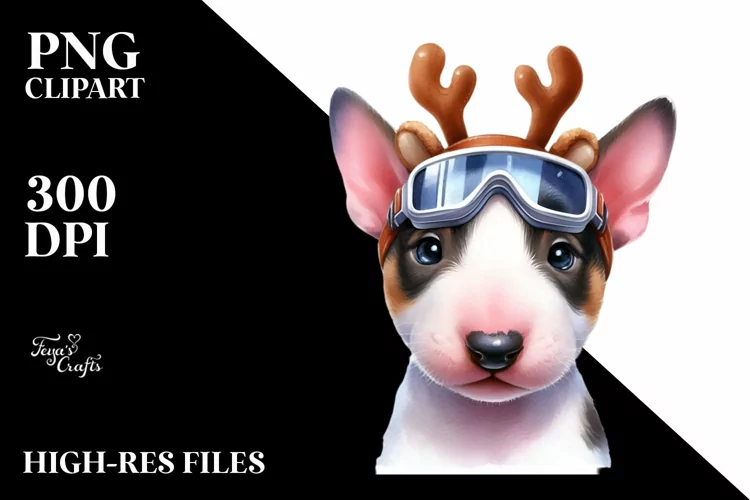 Baby Bull Terrier with Reindeer Horns PNG