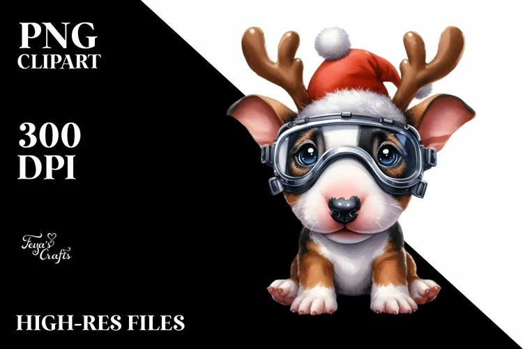 Baby Bull Terrier with Reindeer Horns PNG