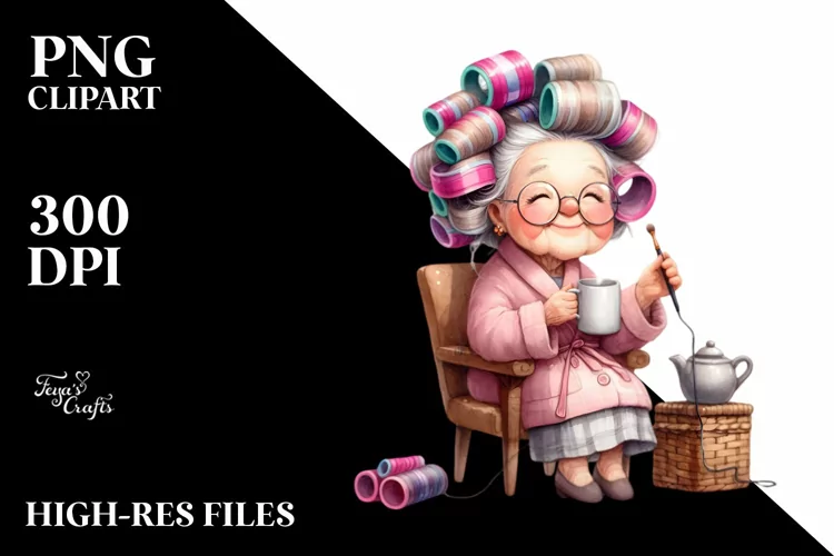 Old Lady Watercolor Sitting on Chair with Hair Curlers |