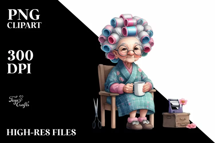Old Lady Watercolor Sitting on Chair with Hair Curlers |