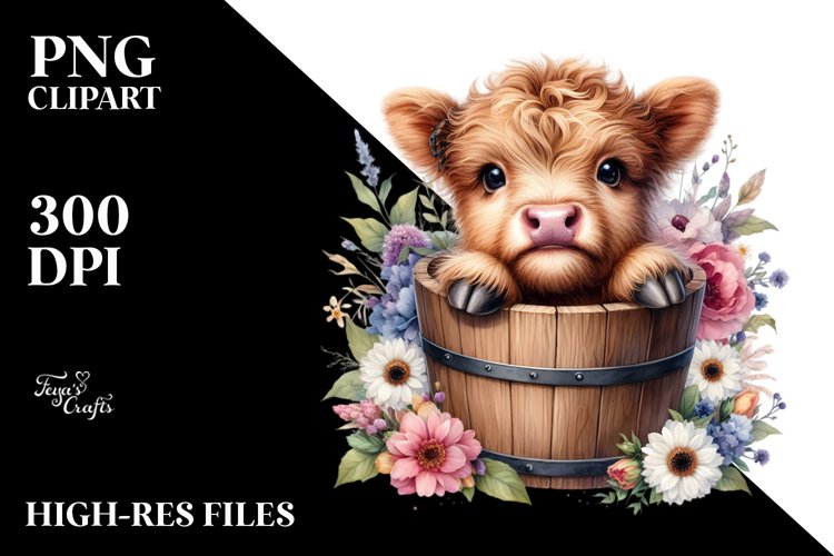 Cute Baby Highland Cow with Flowers, Transparent PNG