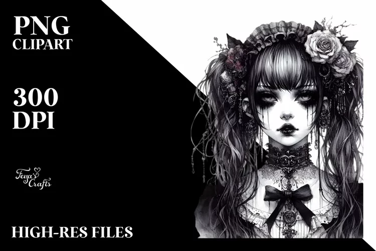 Detailed Watercolor Gothic Girl PNG