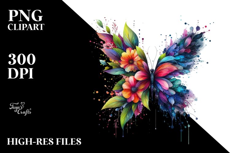 Abstract Vibrant Watercolor Butterfly with Flowers and example image 1