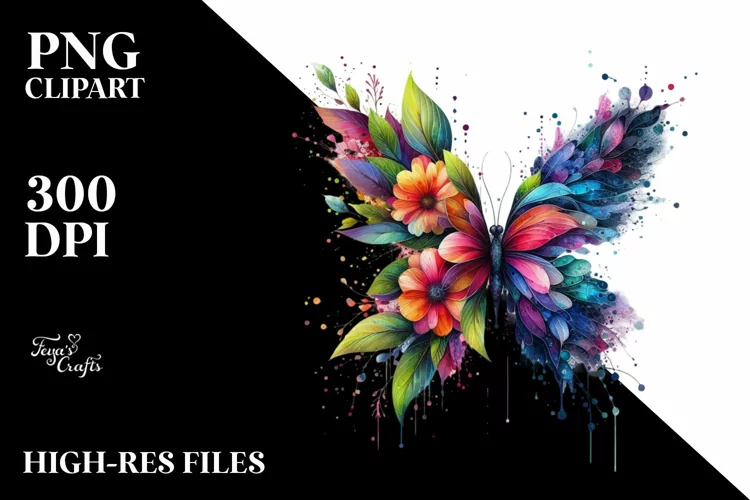 Abstract Vibrant Watercolor Butterfly with Flowers and