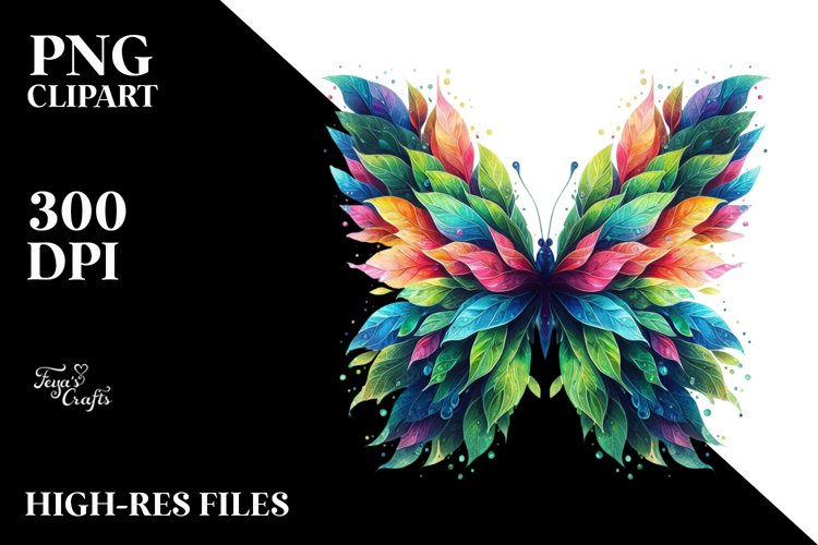 Abstract Vibrant Watercolor Butterfly with Leaves JPEG