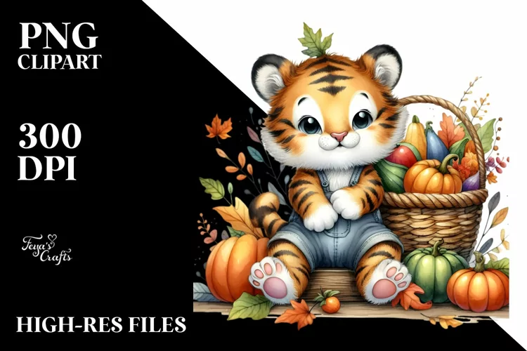 Colorful Baby Tiger with Autumn Vegetables | Sublimation |