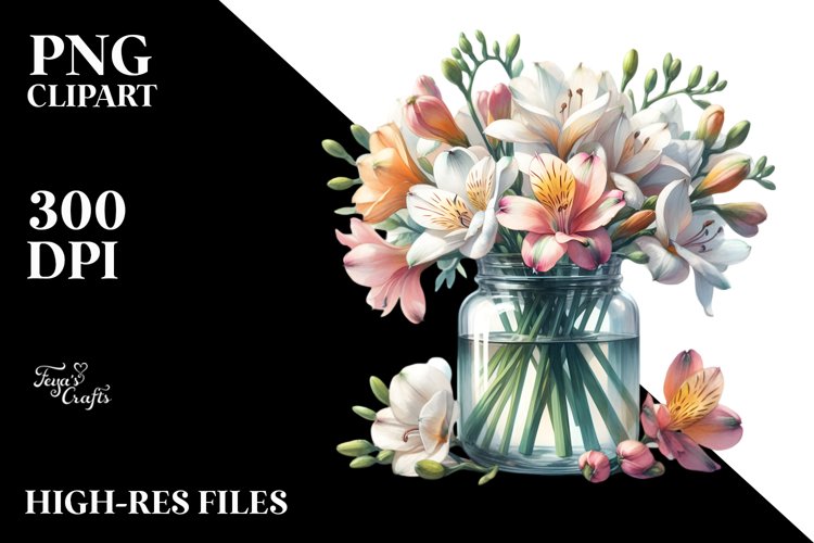 Watercolor Jar Filled with Large Freesia | Clipart