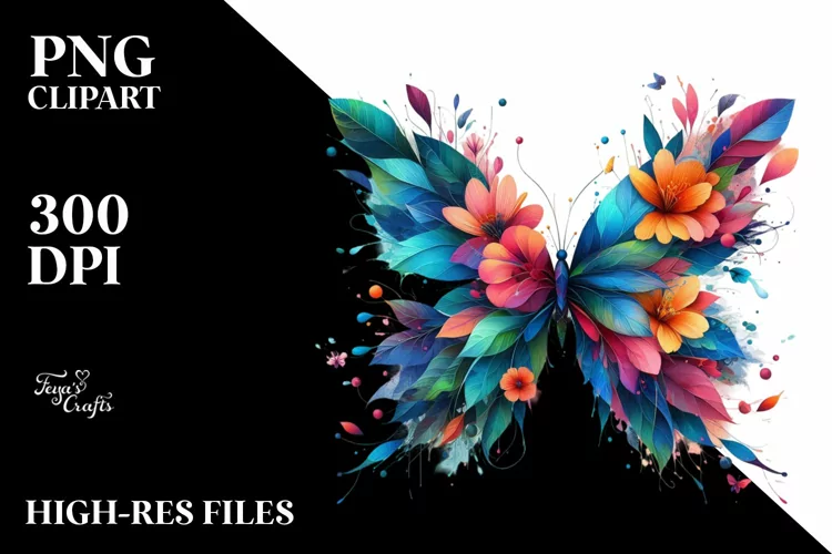 Abstract Vibrant Watercolor Butterfly with Flowers and