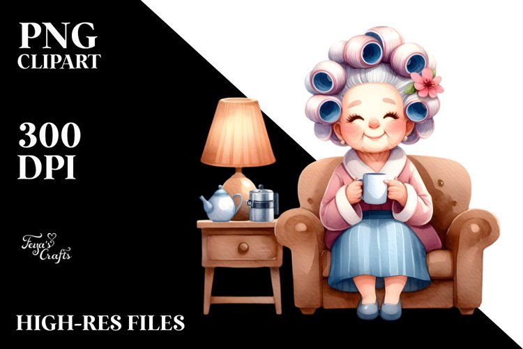 Old Lady Character on Sofa with Mug | Sublimation | Clipart