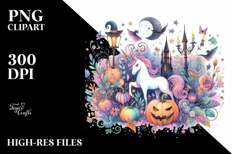 Vibrant Unicorn Halloween Scenery Watercolor | Sublimation