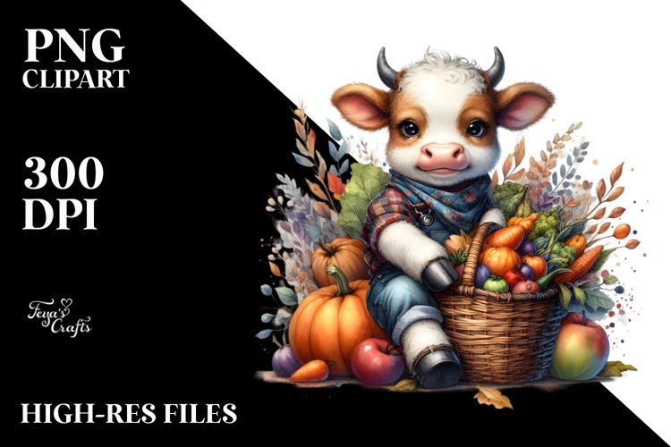 Baby Cow Holding Basket | Watercolor | Clipart