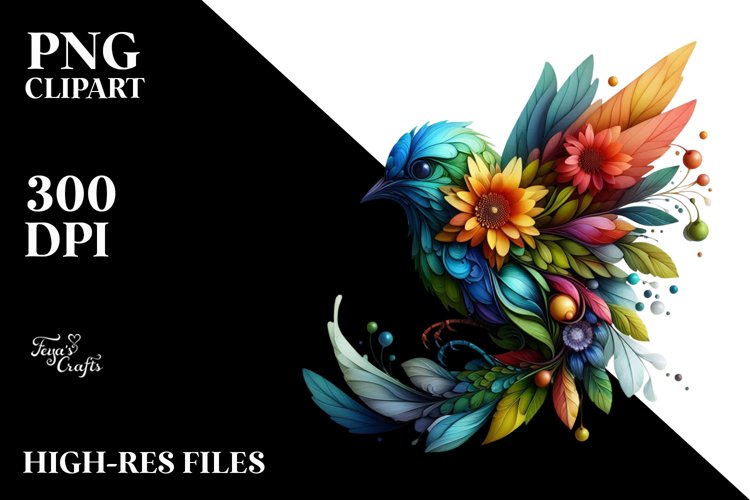 Vibrant Bird with Flowers, PNG