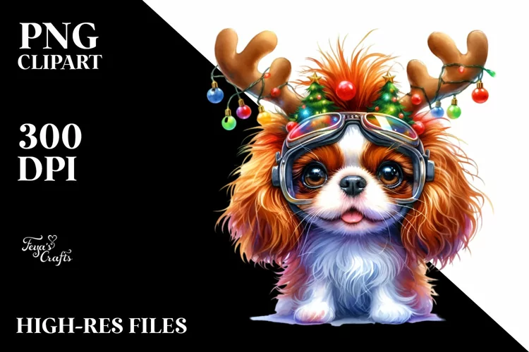 Vibrant Cavalier King Charles Spaniel with Reindeer Horns