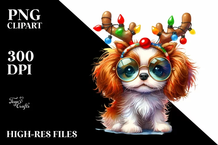 Vibrant Cavalier King Charles Spaniel with Reindeer Horns