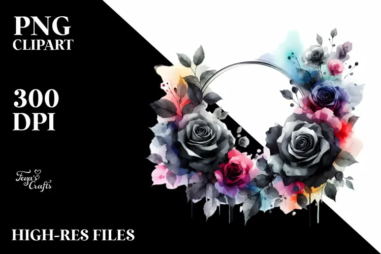 Colorful Watercolor Abstract with Black Roses | Sublimation
