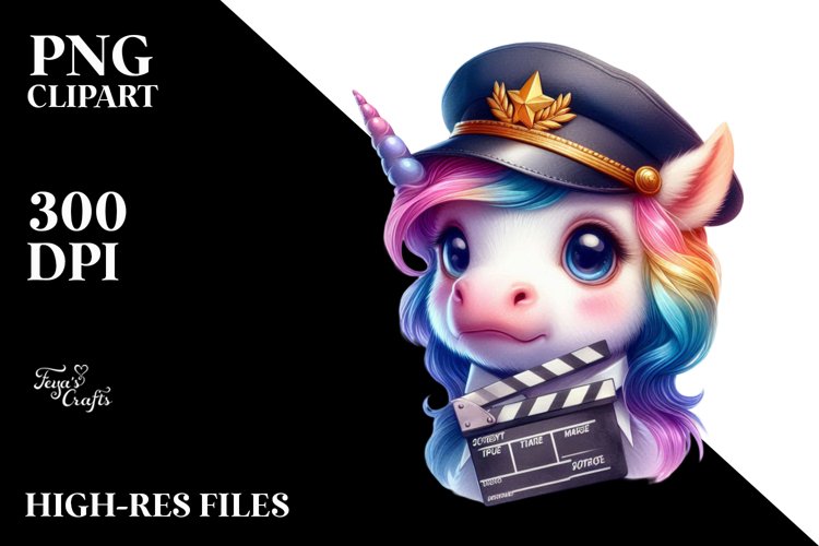 Colorful Baby Unicorn in Directors Cap, PNG