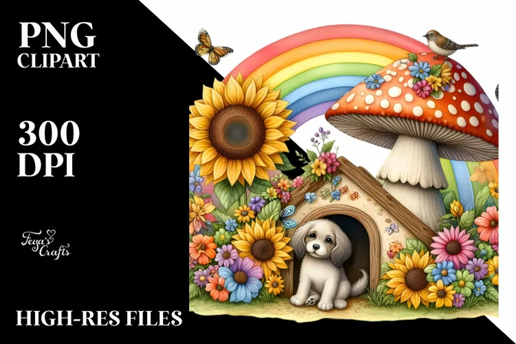 Mushroom Dog House with Colorful Flowers | Sublimation |