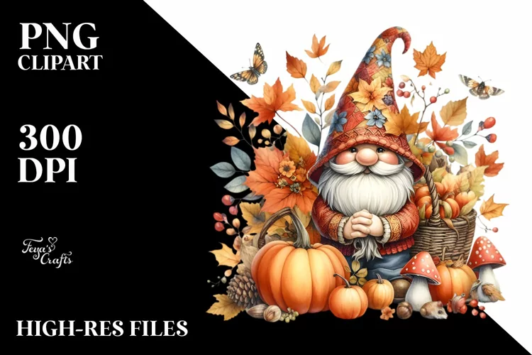 Detailed Autumn Gnome Watercolor PNG