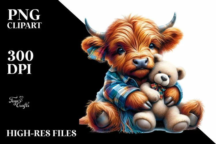 Colorful Watercolor Image of Baby Highland Cow with Teddy