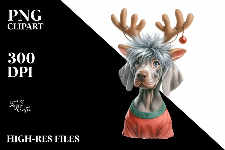 Enthusiastic Baby Weimaraner with Reindeer Horns PNG