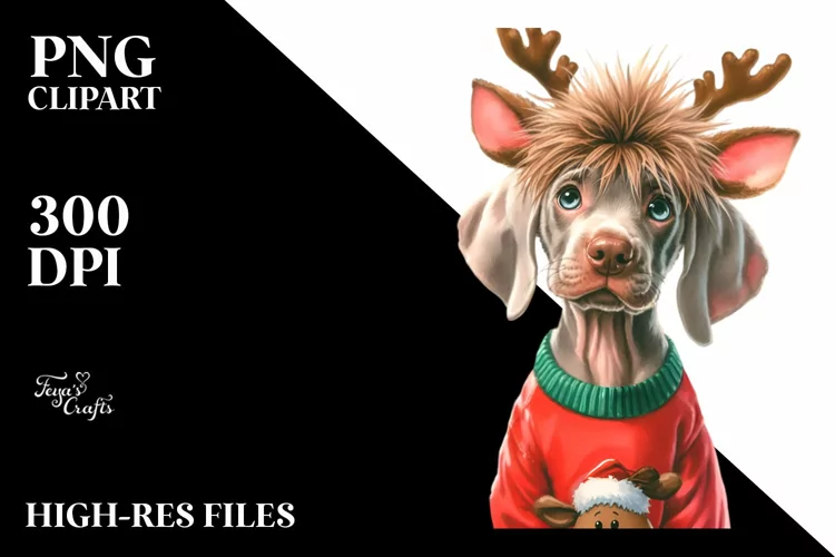 Enthusiastic Baby Weimaraner with Reindeer Horns PNG