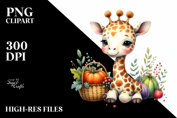 Baby Giraffe Holding Basket of Autumn Vegetables |