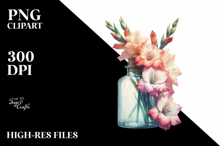 Watercolor Bottle Filled with Large Gladiolus | Sublimation