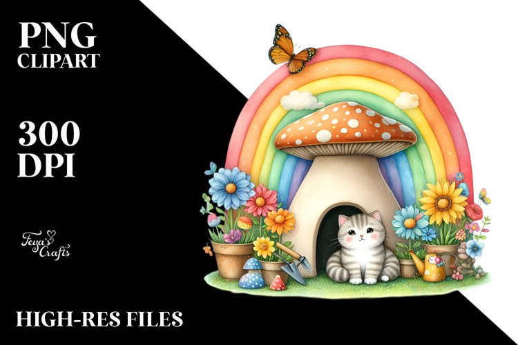 Cat House Made of Large Mushroom with Colorful Flowers |