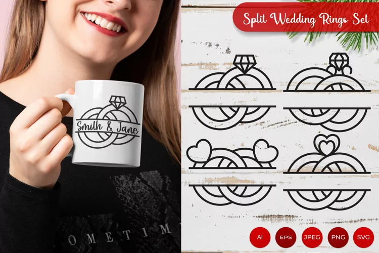 Split Wedding Rings with Diamond and Heart Monogram