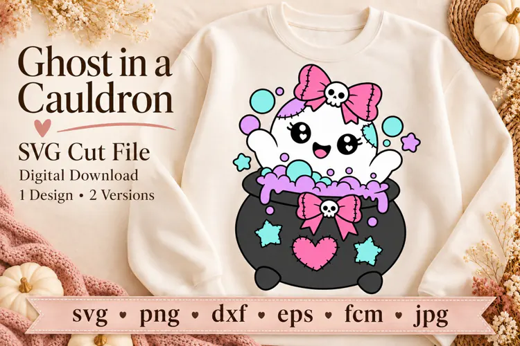 Ghost in a Cauldron SVG | Cute Halloween Ghost & Line Art