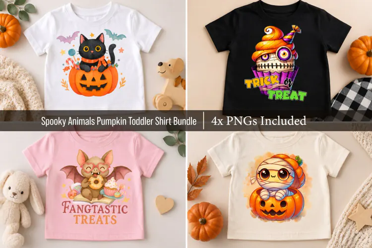 4x Spooky Animals & Pumpkin Toddler Shirt Designs